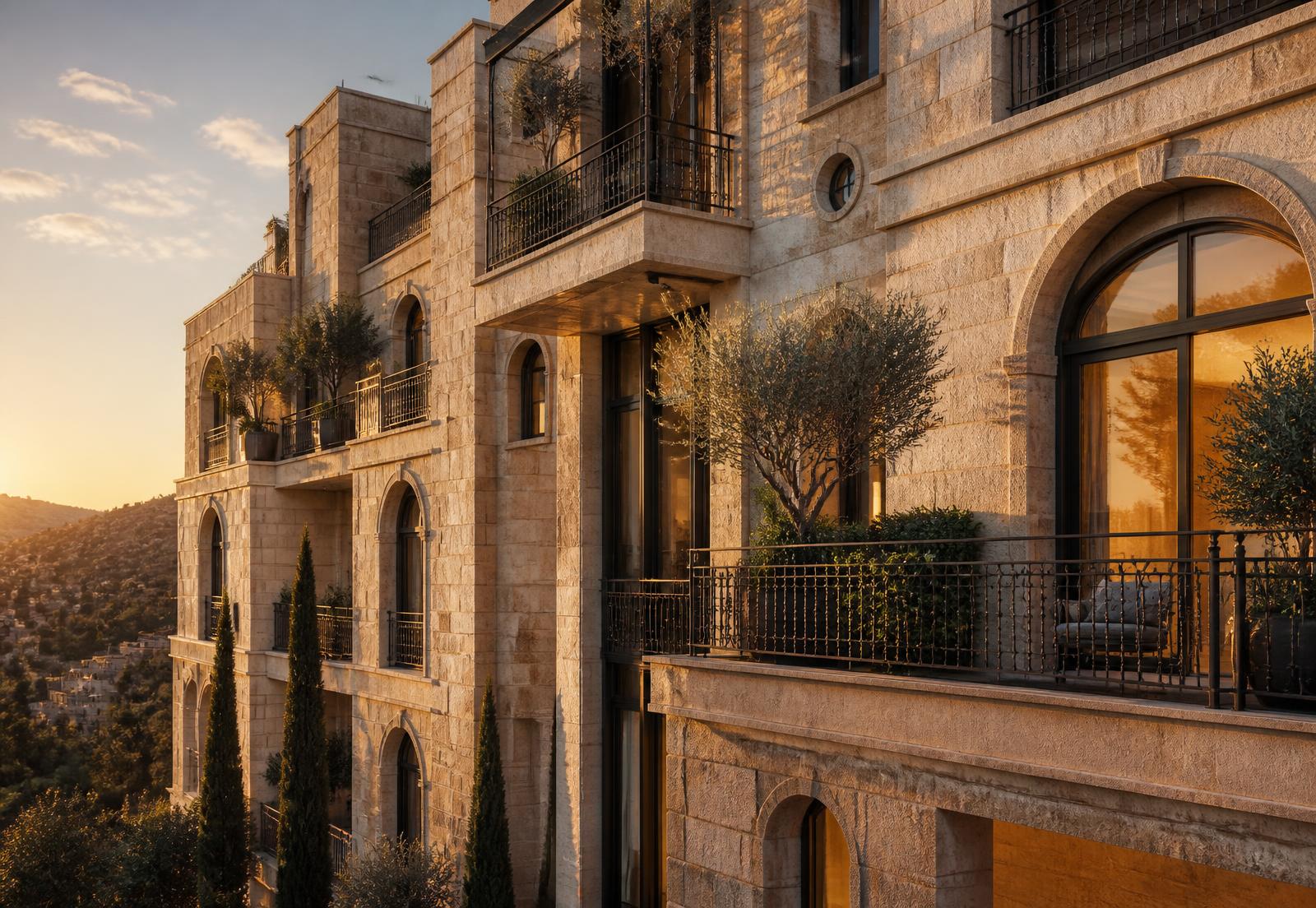 Jerusalem stone residential buildings at golden hour