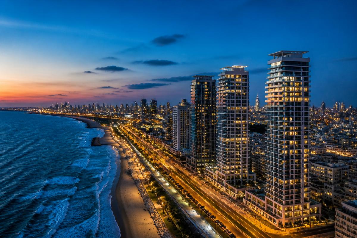 Tel Aviv coastline with modern residential towers at dusk